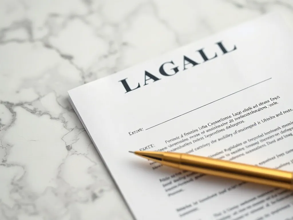 A close up of a legal document with a golden pen on a white