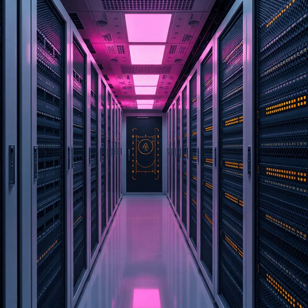 A clean, minimalist high-tech server room with soft pink and
